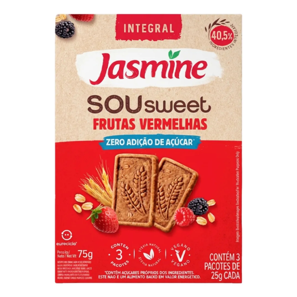 Biscoito Vegano Integral Frutas Vermelhas Zero Açúcar Jasmine Sou Sweet Caixa 75g