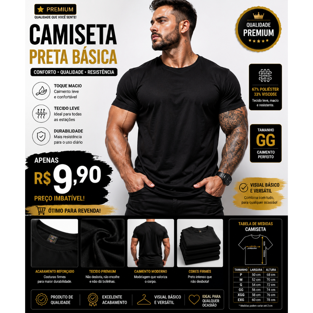 Camiseta Preta Básica Unissex GG Manga Curta Confortável 67% Poliéster 33% Viscose
