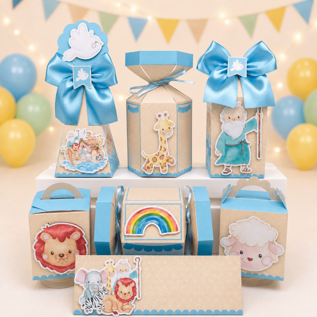 Kit Festa Arca de Noé Aquarelado Menino Caixinhas Personalizadas Lembrancinhas de Aniversário