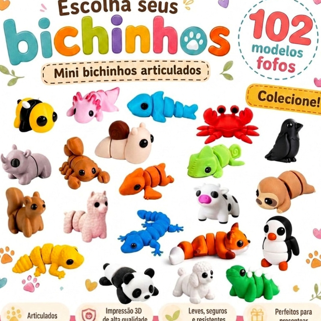 Kit 6 Mini Bichinhos Articulados 3D Fofuritos Colecionáveis Escolha o Tema Brinquedo Infantil Sensorial