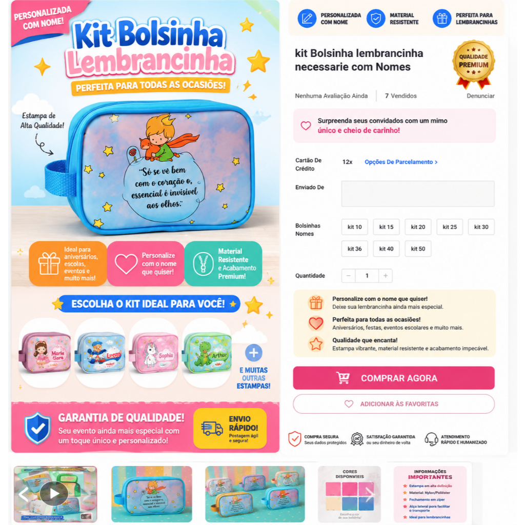Kit Bolsinha Personalizada com Nome – Lembrancinha Aniversário Infantil – Necessaire Personalizada – Kit 10 a 50 Unidade