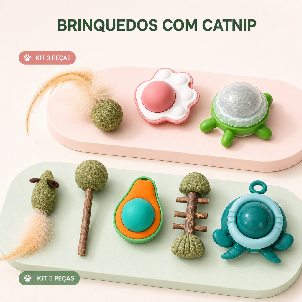 Kit 3 ou 5 Brinquedos para Gatos com Catnip Interativo Anti Tédio Pena Bolinha Mordedor Pet