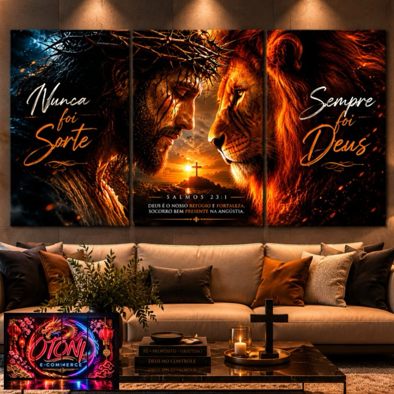 Quadros Decorativos Jesus Cristo e Leão De Judá Religioso Nunca Foi Sorte Sempre Foi Deus 3 Peças Decoração Sala Quarto