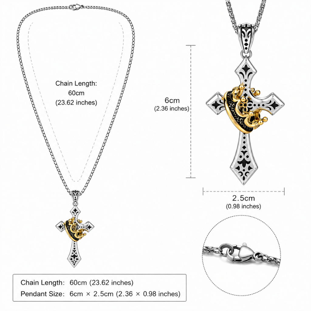 Colar Masculino com Pingente de Cruz e Coroa, Design Vintage Prata Preto e Dourado, Corrente 60cm, Pingente Religioso 6x