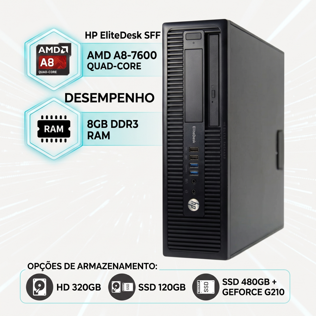 Desktop HP EliteDesk 705 G1 SFF AMD A8-7600 8GB RAM Windows 10 + Office - HD 320GB / SSD 120GB / SSD 480GB + G210