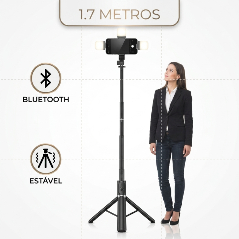 Pau de Selfie Tripé 1,7m com Luz LED Controle Remoto Bluetooth Rotação 360° para iPhone Android