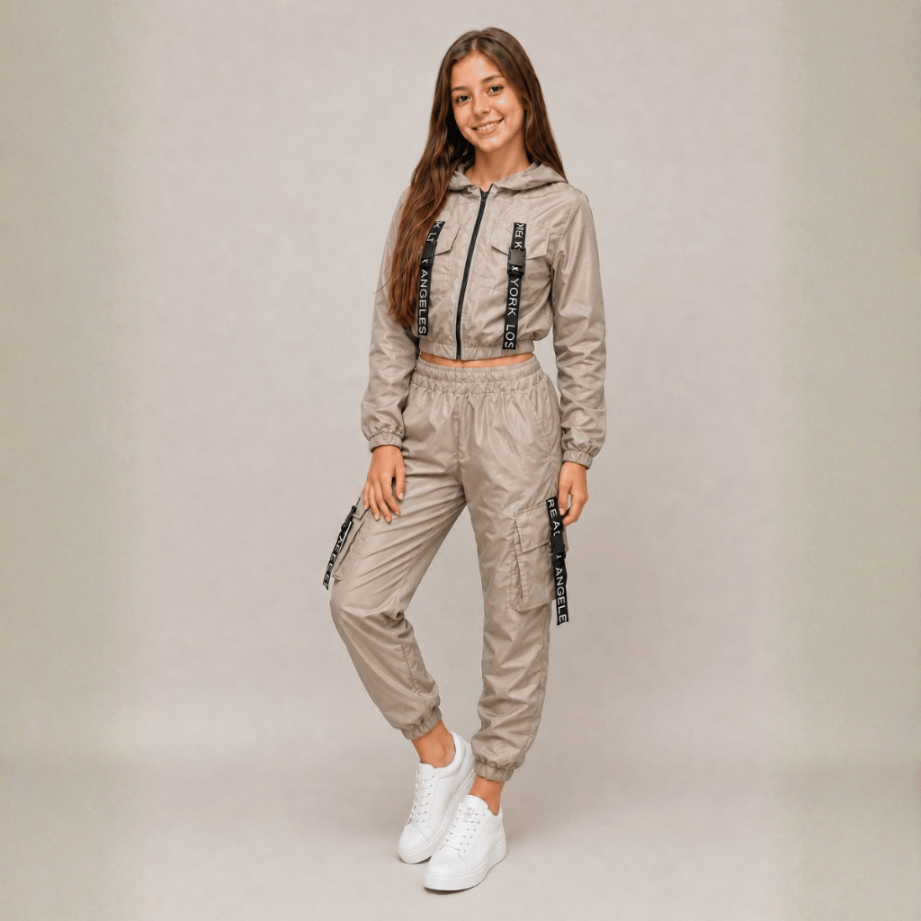 Conjunto Menina Juvenil Modelo Blusa e Calça Tactel Bolsos Infantil Criança Roupa Feminina Inverno