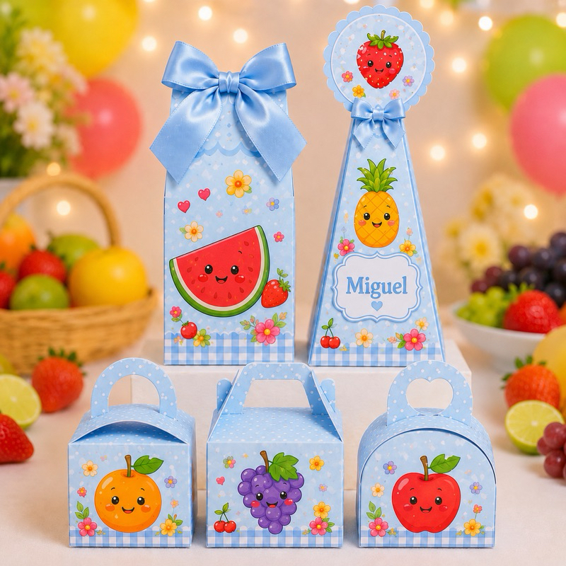 Caixinhas Personalizadas Frutas Frutinhas Azul para lembrancinha de festa, aniversário, mesversario.