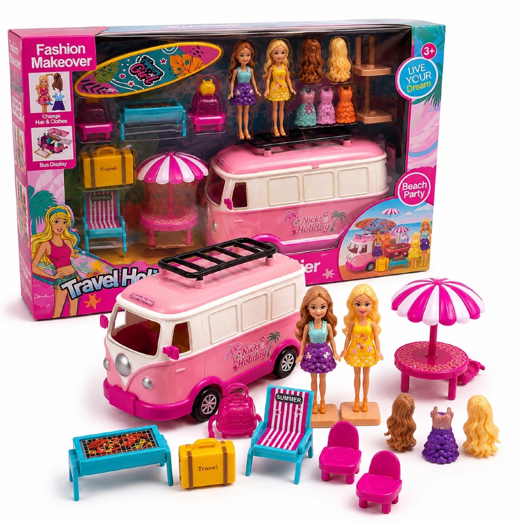 Boneca com Acessórios Kombi 25 Peças Troca Roupa Cabelo Casinha Infantil Completa Presente
