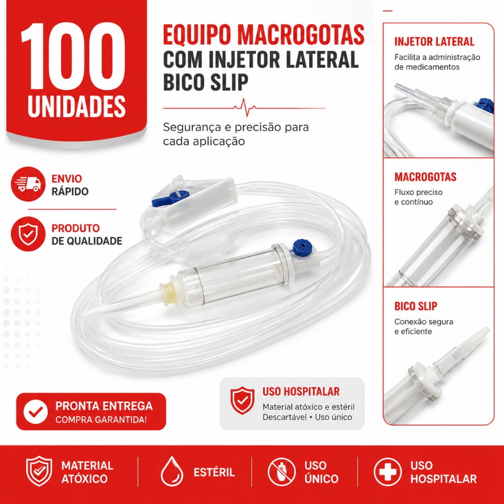 Kit 100 Equipo Macrogotas Soro Completo com Injetor Lateral Luer Slip