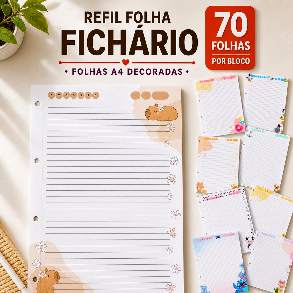 Refil Folhas de Fichário Vários Personagens Pautadas A4 70 Folhas Decoradas Colegial Folha Solta