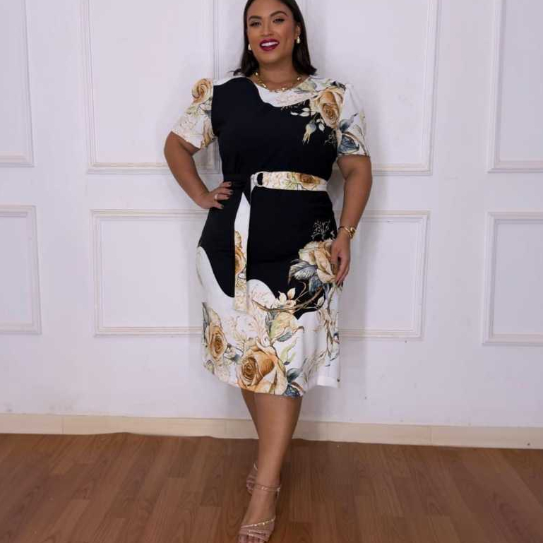 Vestido Midi Feminino Plus Size Moda Evangelica Tecido Elastano Forrado  Manga Princesa com Cinto