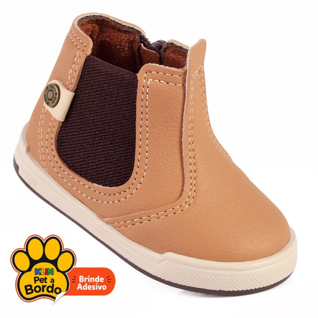 Bota Jeca Infantil Menino Klin Flyer Zíper e Lateral Elástico na Lateral Estilo Country Caramelo