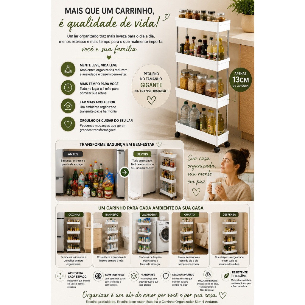 Carrinho Organizador Slim 4 Andares com Rodinhas 13cm Multiuso para Cozinha Banheiro Lavanderia