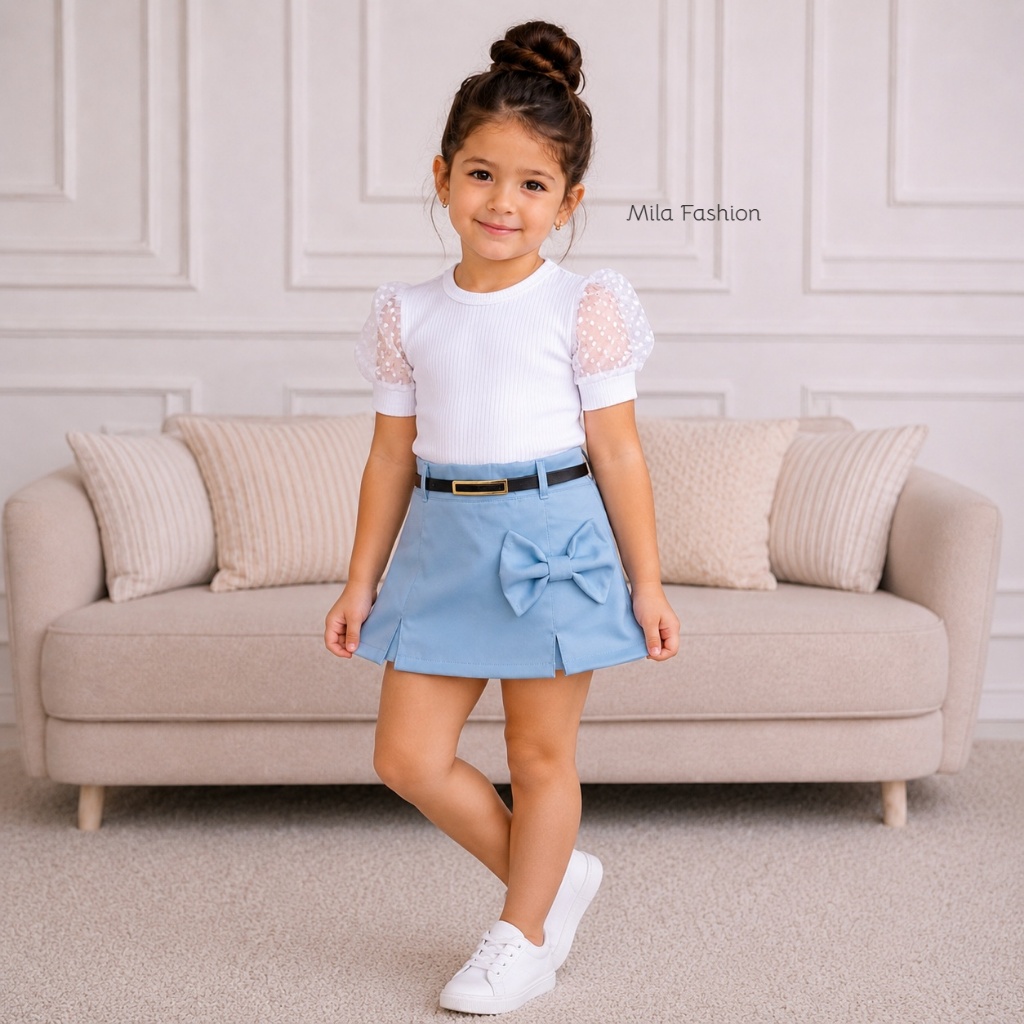 Kit 3 peças Conjunto Infantil menina blusa + short saia laço e cinto moda primavera verão