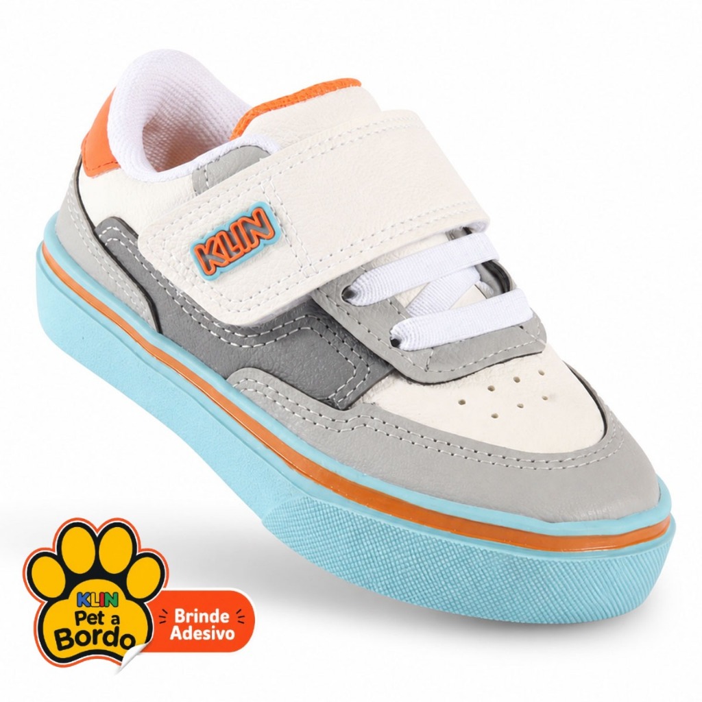 Tênis Infantil Klin Freestyle Escolar Casual Calce Fácil Elástico e Velcro Off-White e Azul