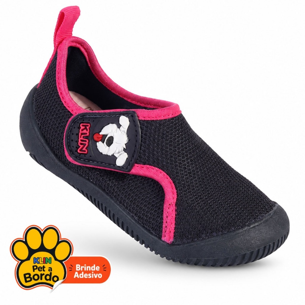 Tênis Sapatilha Infantil Menina Klin Hug Calce Fácil Velcro Preto e Pink com Detalhe de Cachorrinho