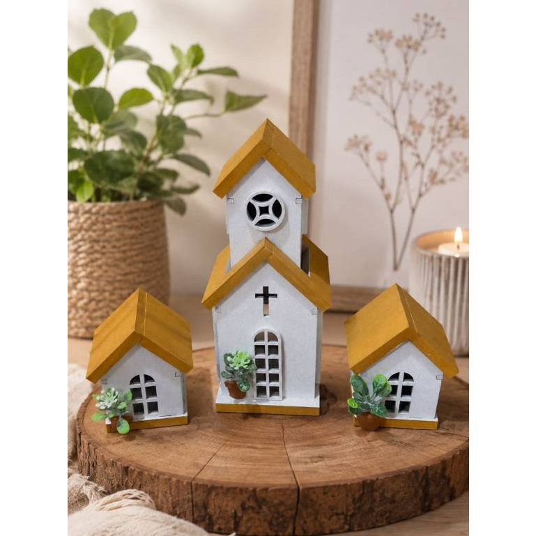 kit igreja e casinha mini decoração em mdf branco e amadeirado