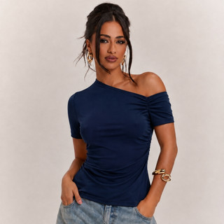 Blusa Feminina Suplex com Manga Curta Assimétrica Drapeada  Elegante Casual Premium para o Verão