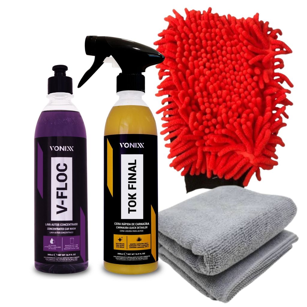 Kit Vonixx Shampoo V-Floc 500ml + Cera Tok Final 500ml + Luva e Pano Microfibra