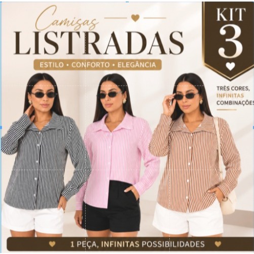 Kit 3 Blusas Camisas Femininas Listradas Social Elegante Moda Feminina Tendencia