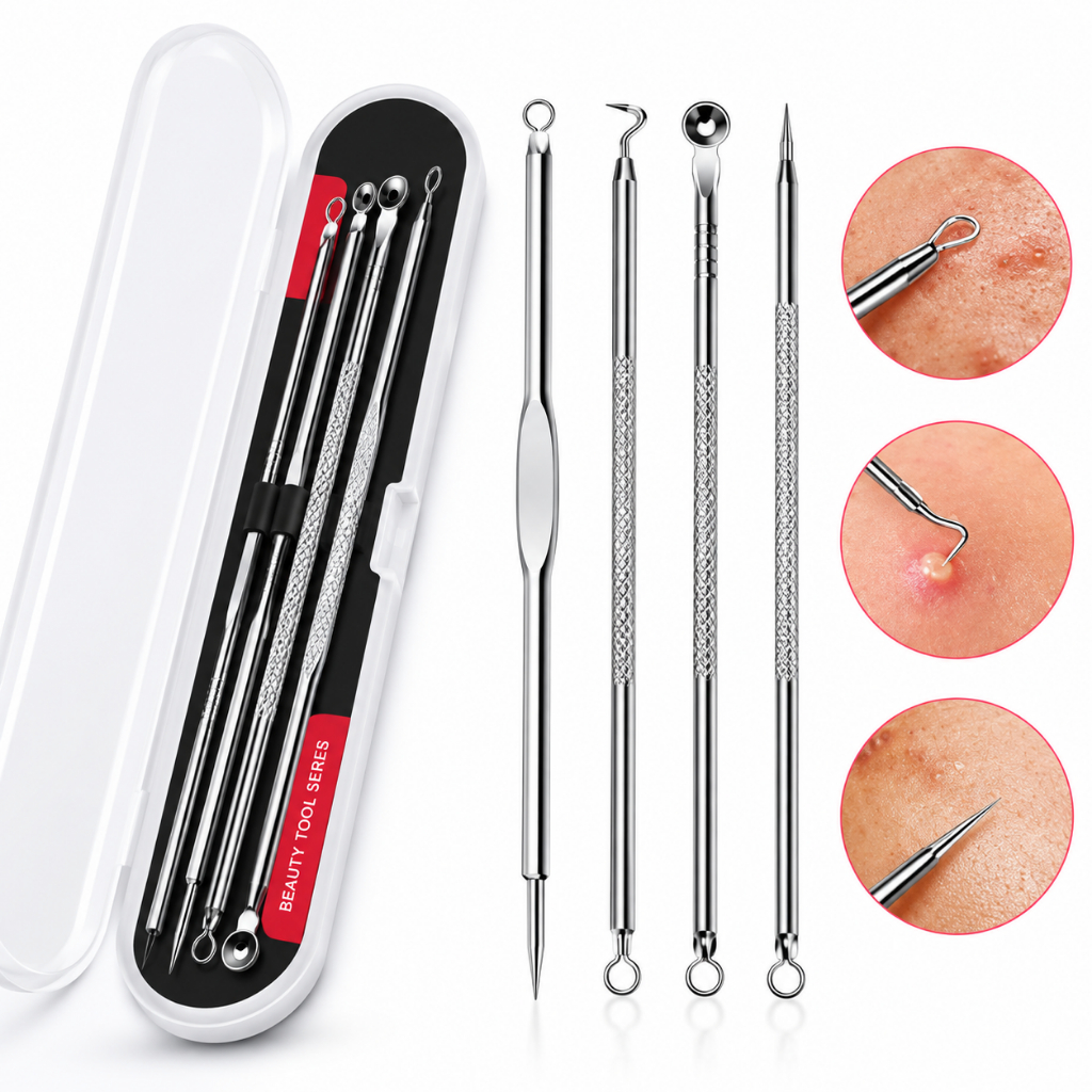 Kit estojo com 4 extratores para remoção de cravos e espinhas - material 100% aço