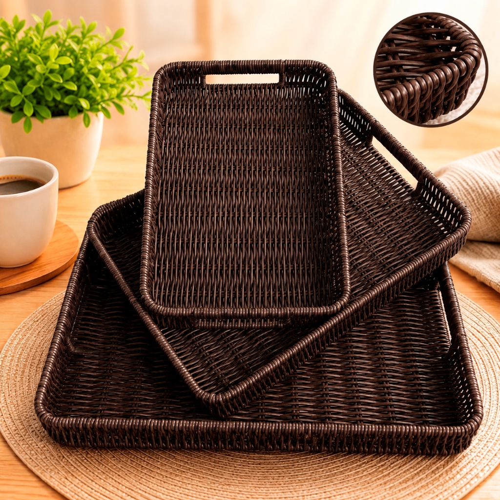 Bandeja Cesta Organizadora Tipo Vime Retangular Oval Grande Cesto Decorativo para Servir Café