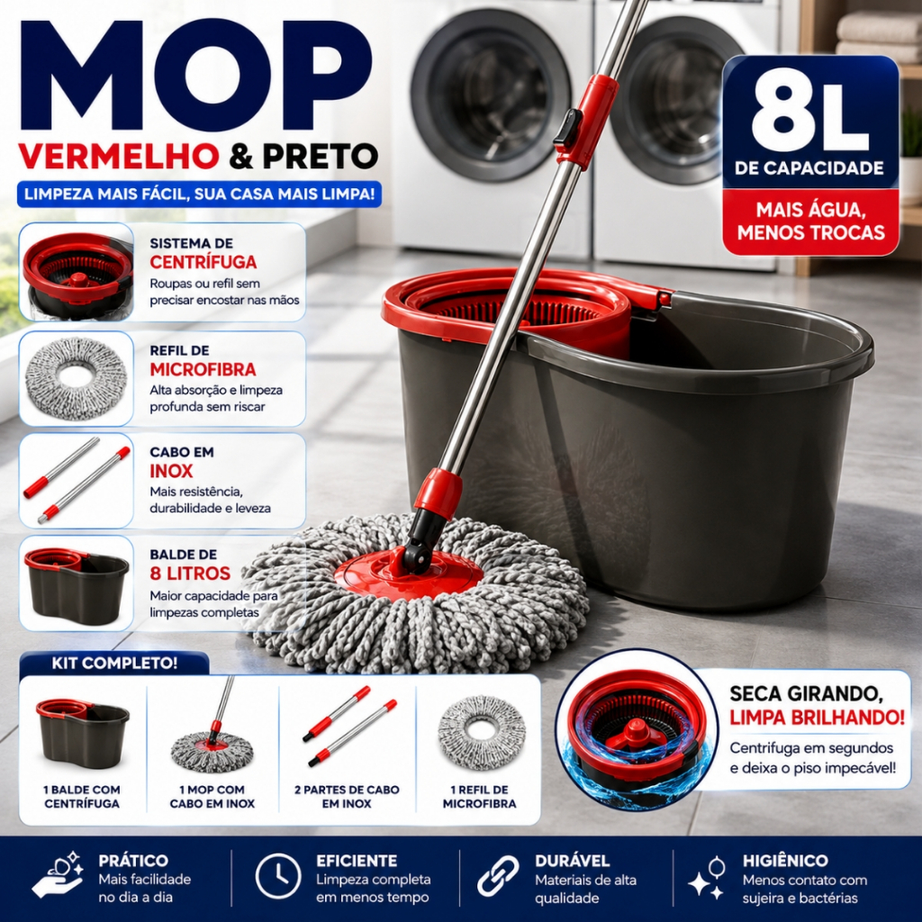 Mop Girátorio Cleaner Profissional – Balde com Centrífuga 8L + Refil e Cabo Reforçado ENTREGA RÁPIDA