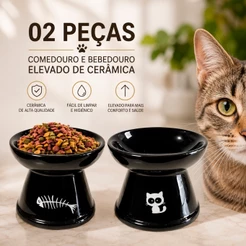 Kit 2 Comedouro Gatos Cerâmica Luxo Bebedouro Elevado Higiênico Ergonômico bebedor PET anti formiga