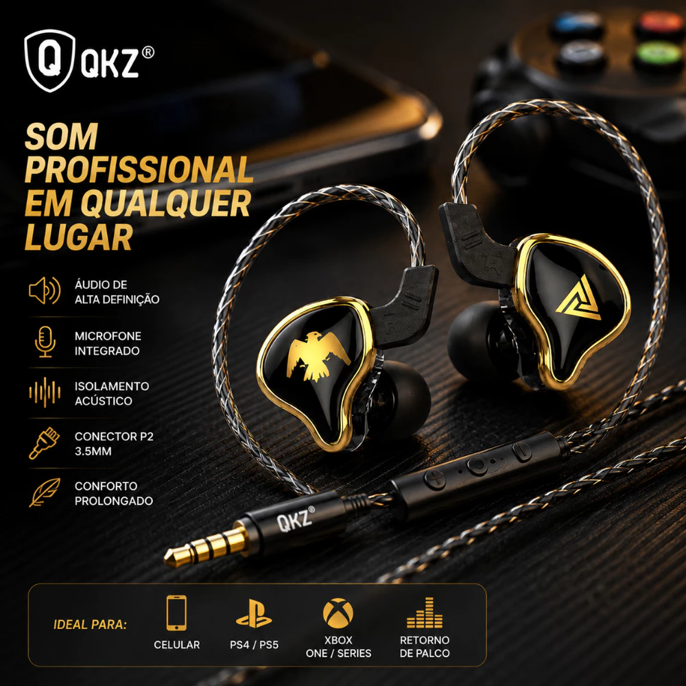 Fone Gamer Retorno De Palco In Ear QKZ Com Microfone Compatível Ps4 Ps5 Xbox One S Series S/x Celular Pc Gamer