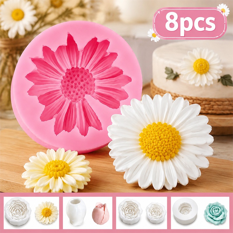 Kit 8 Moldes de Silicone Margarida Flor para Sabonete Resina Biscuit Artesanato DIY