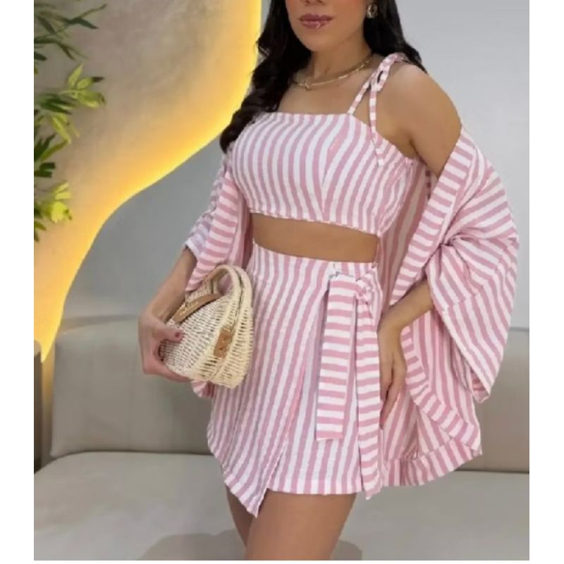 CONJUNTO FEMININO LISTRADO 3 PEÇAS NO TECIDO DUNA KIMONO CROPPED COM BOJO E SHORT MODA VERÃO CASUAL ELEGANTE