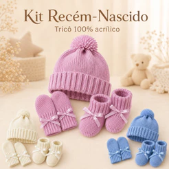 Kit Bebê Recém-Nascido 3 Peças em Tricô 100% Acrílico Touca Luvas e Sapatinhos para Maternidade Enxoval Menina Menino