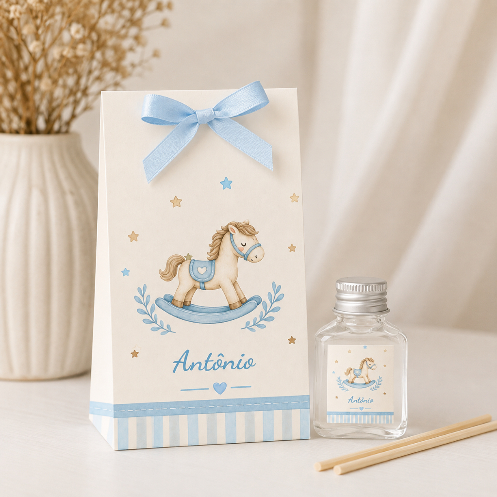 Kit Lembrancinha Aromatizador Personalizado 35ml Tema Cavalinho Caixinha Cha de Bebe Maternidade Aniversario Menino