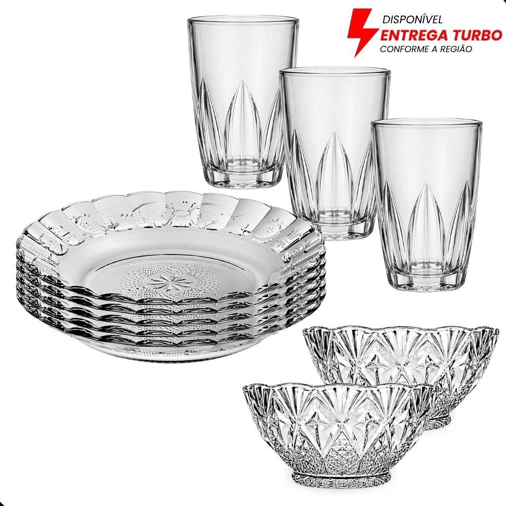 Aparelho De Jantar 18 Peças - Pratos Fundos, Copos 240ml e Tigelas de Sobremesa - Ideal Para Almoço e Jantar