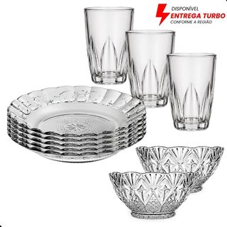 Aparelho De Jantar 18 Peças - Pratos Fundos, Copos 240ml e Tigelas de Sobremesa - Ideal Para Almoço e Jantar
