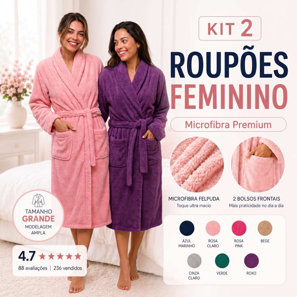 Roupão Aveludado Plush Flannel Fleece Unissex Manga Longa Luxo Com Bolso Quentinho