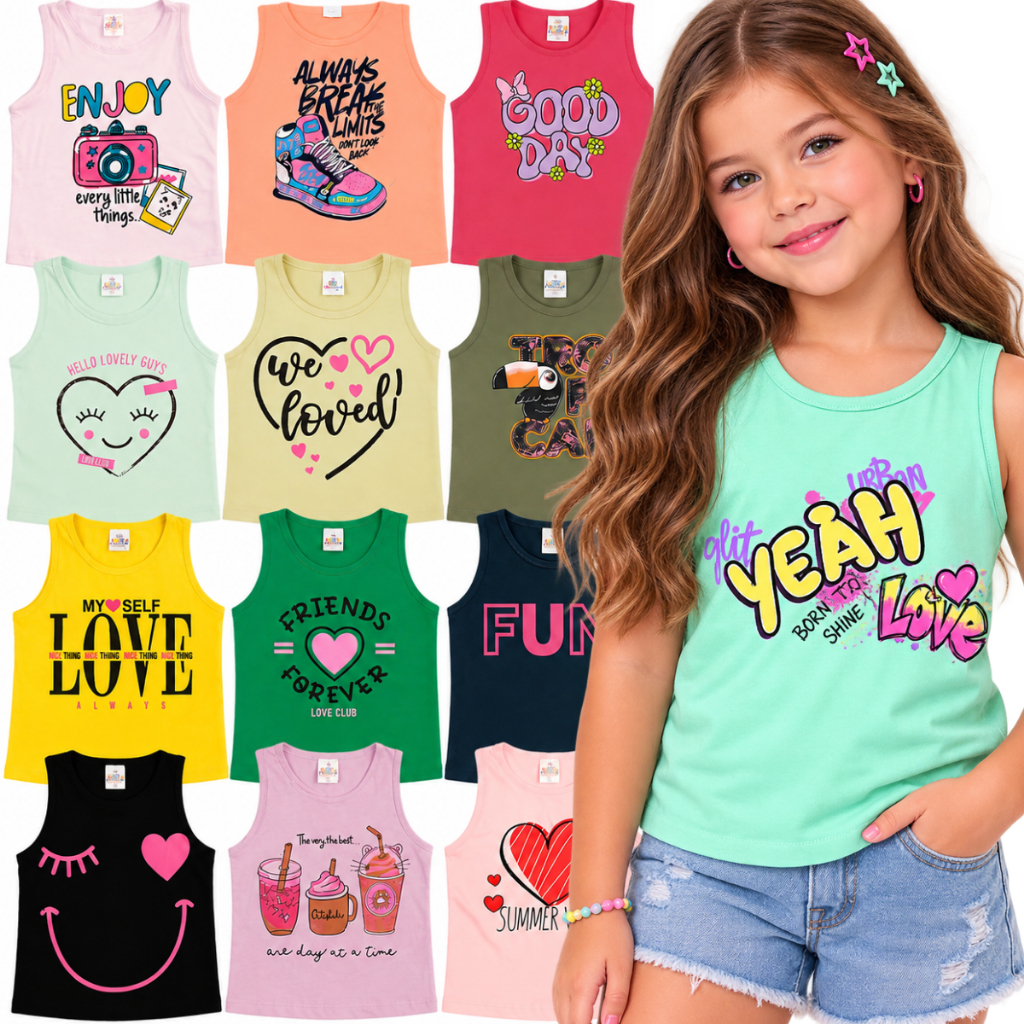 Kit 4 Regata Infantil Feminina 100% Algodão do 2 ao 12 Anos | Regata Infantil Menina Sortida | Roupa Infantil Menina