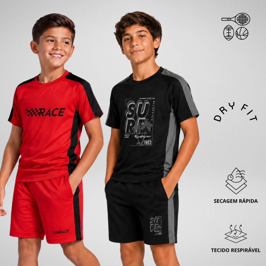 Conjunto Infantil Menino Dry Fit Esportivo - Camisa + Bermuda - Verão Masculino Academia Calor Corrida Fitness