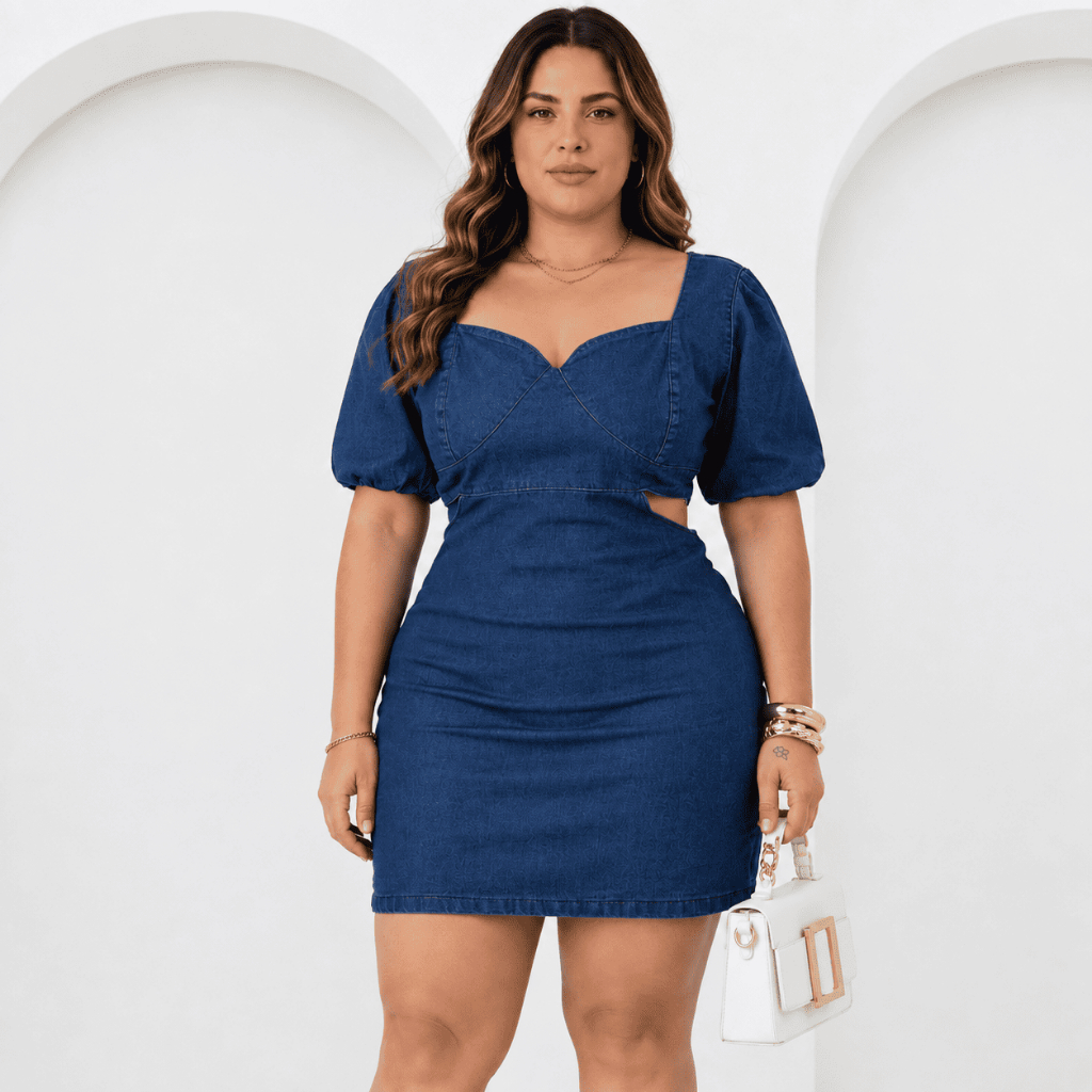 Vestido Jeans Feminino Plus Size Frente Única Curto Manga Bufante Com Lycra