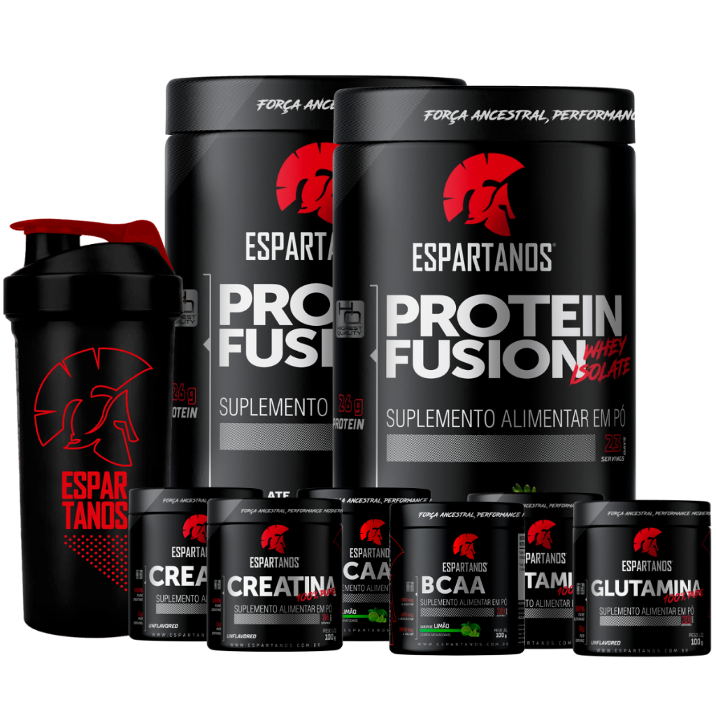Kit 2x Whey Protein Fusion + 2x Bcaa + 2x Creatina + 2x Glutamina + Coqueteleira - Espartanos