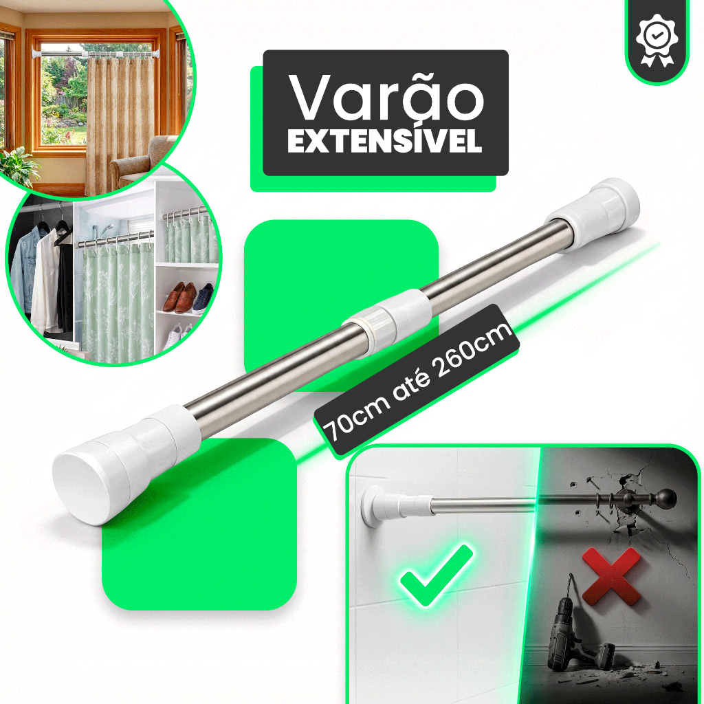 Varão Extensível Inox para Cortina de Box Banheiro Ajustável Grande Bastão Barra Suporte Multiuso Resistente