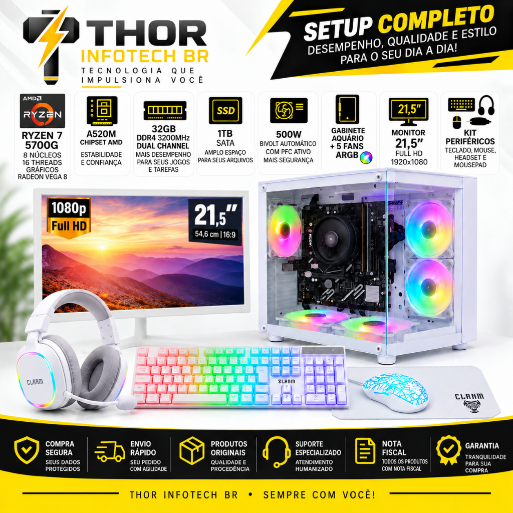 Pc Gamer AMD Ryzen 7 5700G, Placa mãe A520M, 32Gb de RAM, SSD 1Tb, Fonte de 500w, Monitor Full HD 21,5" Kit Periféricos
