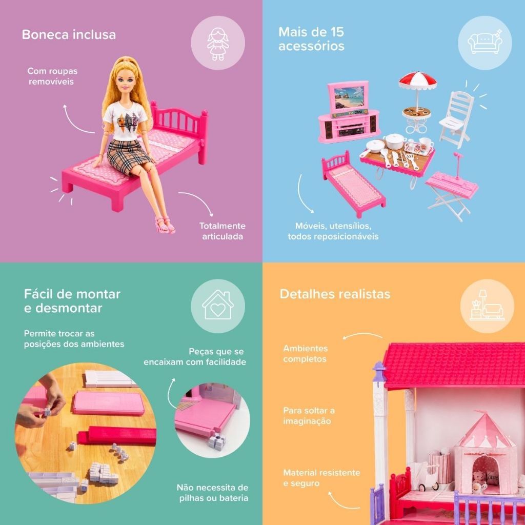 Casinha de Boneca Grande Brinquedo Infantil com Piscina Móveis Removíveis e Boneca Articulada 30cm Maxi Toys · foto 2