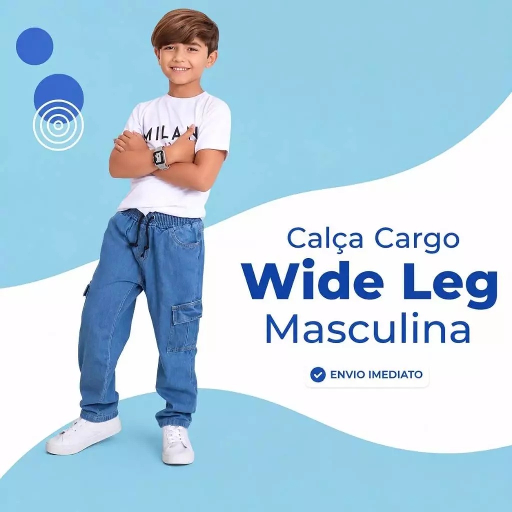 Calça Cargo azul masculina wide leg infantil juvenil confortável bolsos laterais com regulador