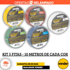 Kit 5 Fitas Isolantes Coloridas 10 Metros - VONDER PLUS Isolar Fios e Cabos Elétricos Antichama Top