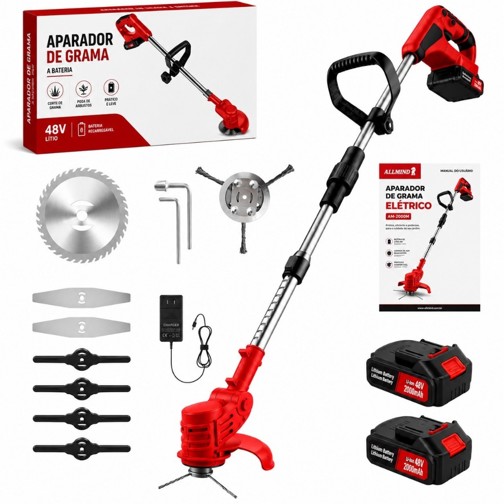 Aparador Cortador de Grama 48V a Bateria Portatil 1580w Bipartido Multifunção Completo Com Carrinho