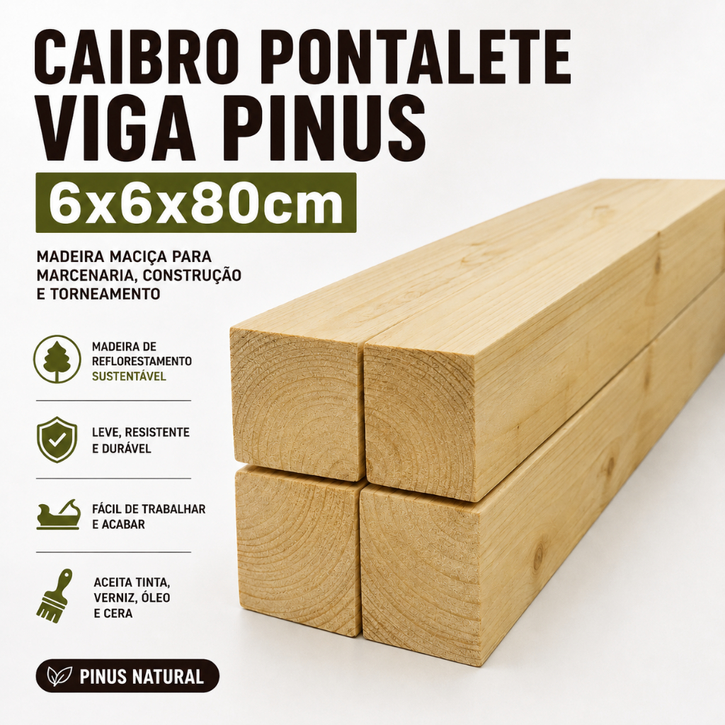 Caibro/Pontalete/Viga 6x6x80cm Pinus Tornear KIT 4 Pedaços Com 80cm Construção Madeira Kit
