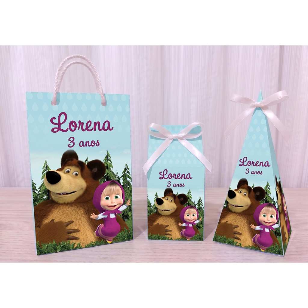 kit lembrancinha sacolinha caixa piramide caixinha milk masha aniversário personalizada