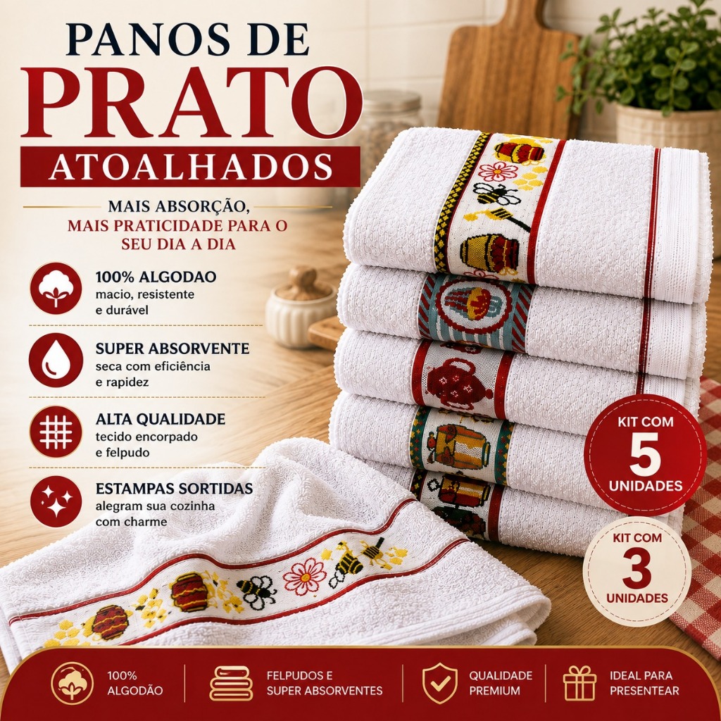 Kit 5 e 3 Panos de Copa Algodão Felpudo Alta Absorção para Cozinha Uso Diário Limpeza Doméstica